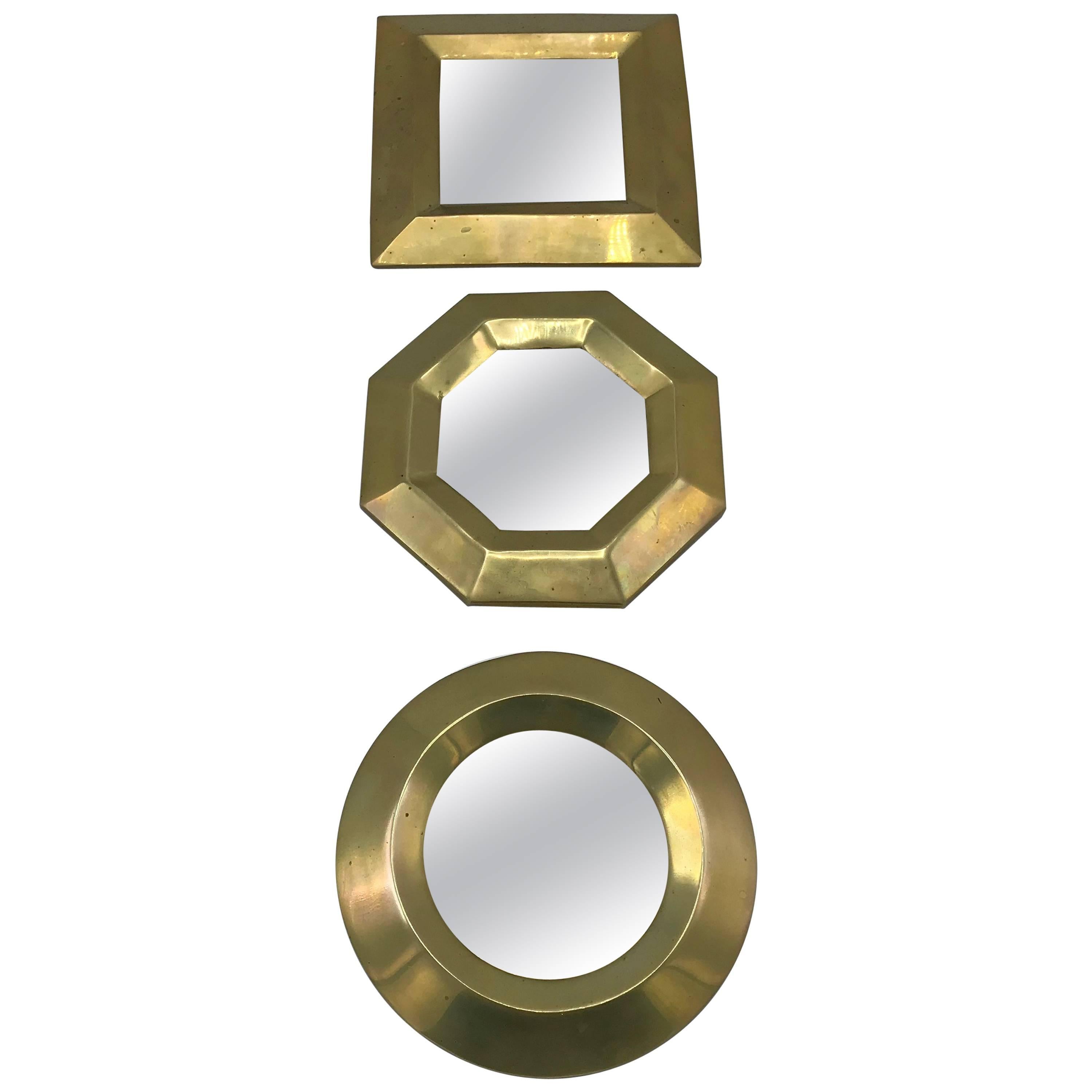 1970s Italian Brass Geometric Mirrors, Set of Three