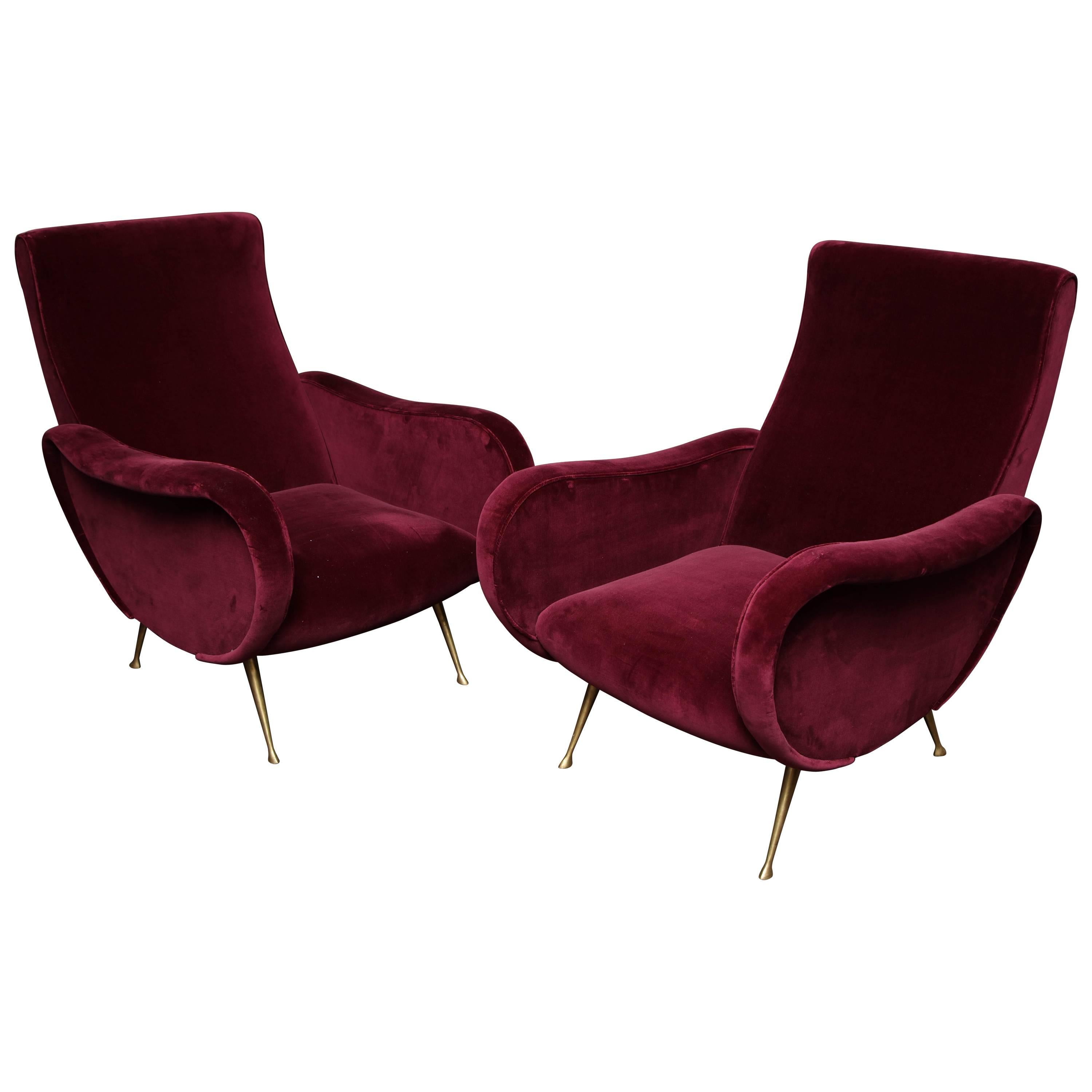 Pair of Vintage Italian Club Chairs Re-Upholstered in Burgundy Velvet