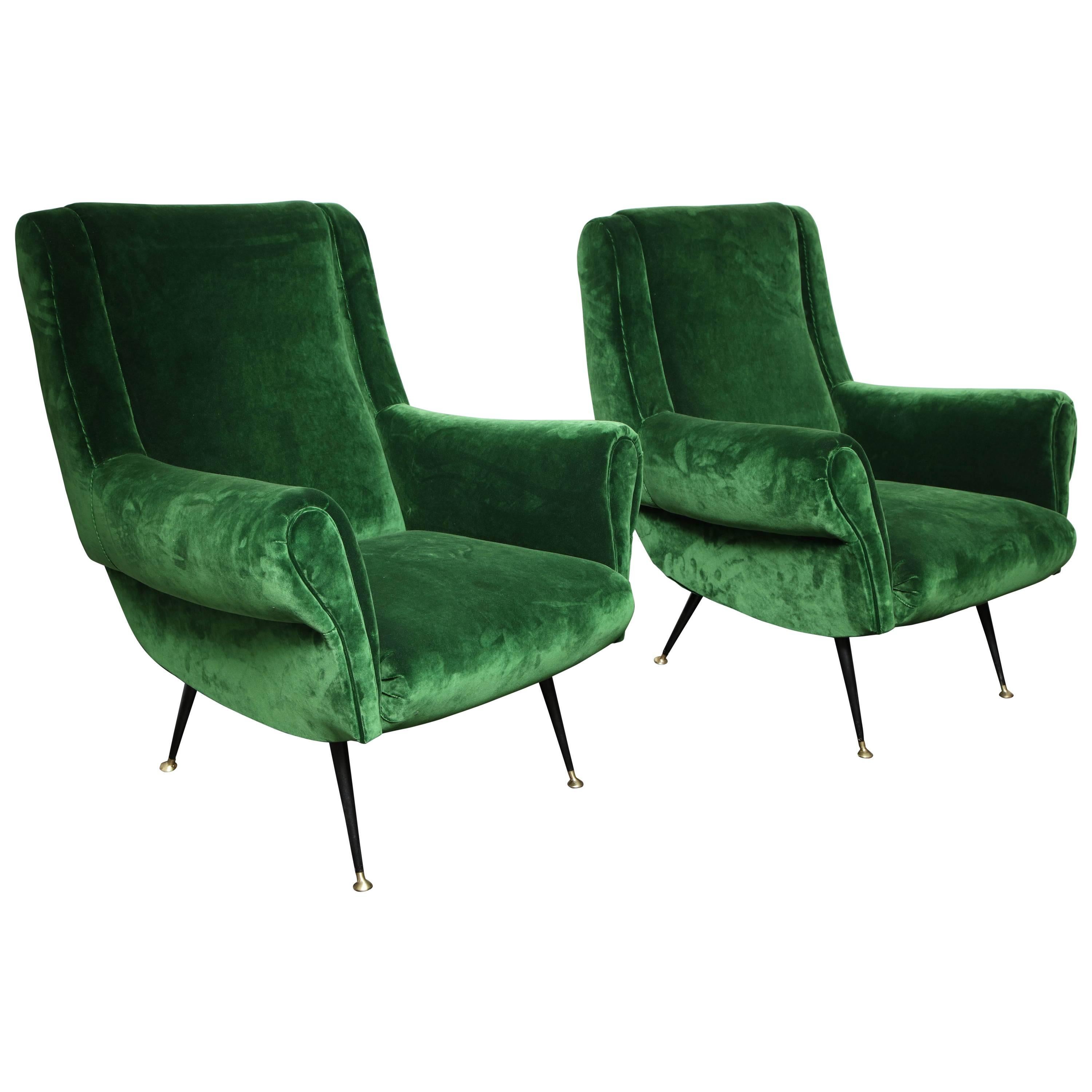 Pair of Vintage Italian Green Velvet Chairs