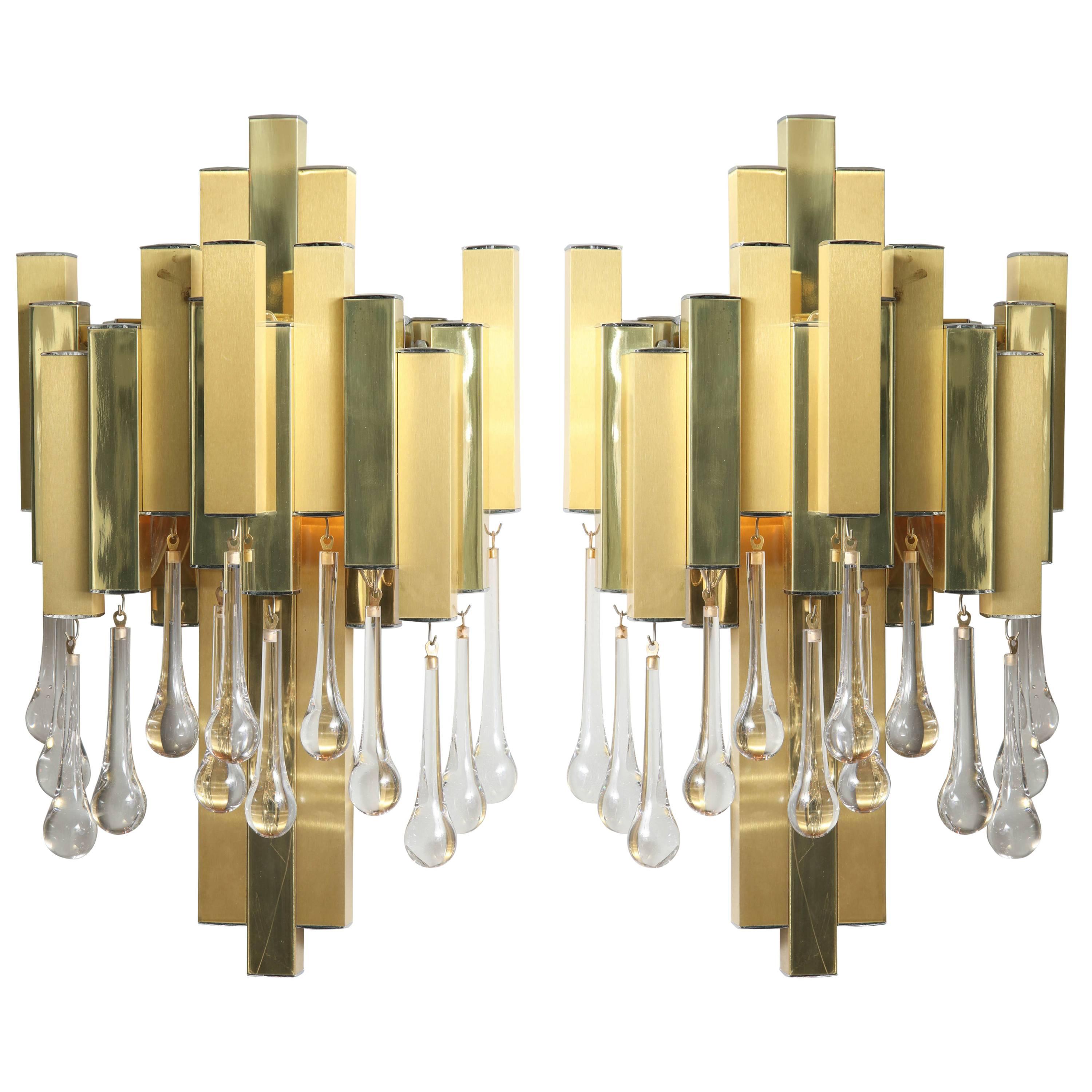 Willy Rizzo for BD Lumica Pair of Brutalist Sconces with Glass Tear Drops For Sale