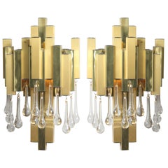 Pair of Brutalist Brass and Chrome Sconces with Murano Glass Drops by BD Lumica 