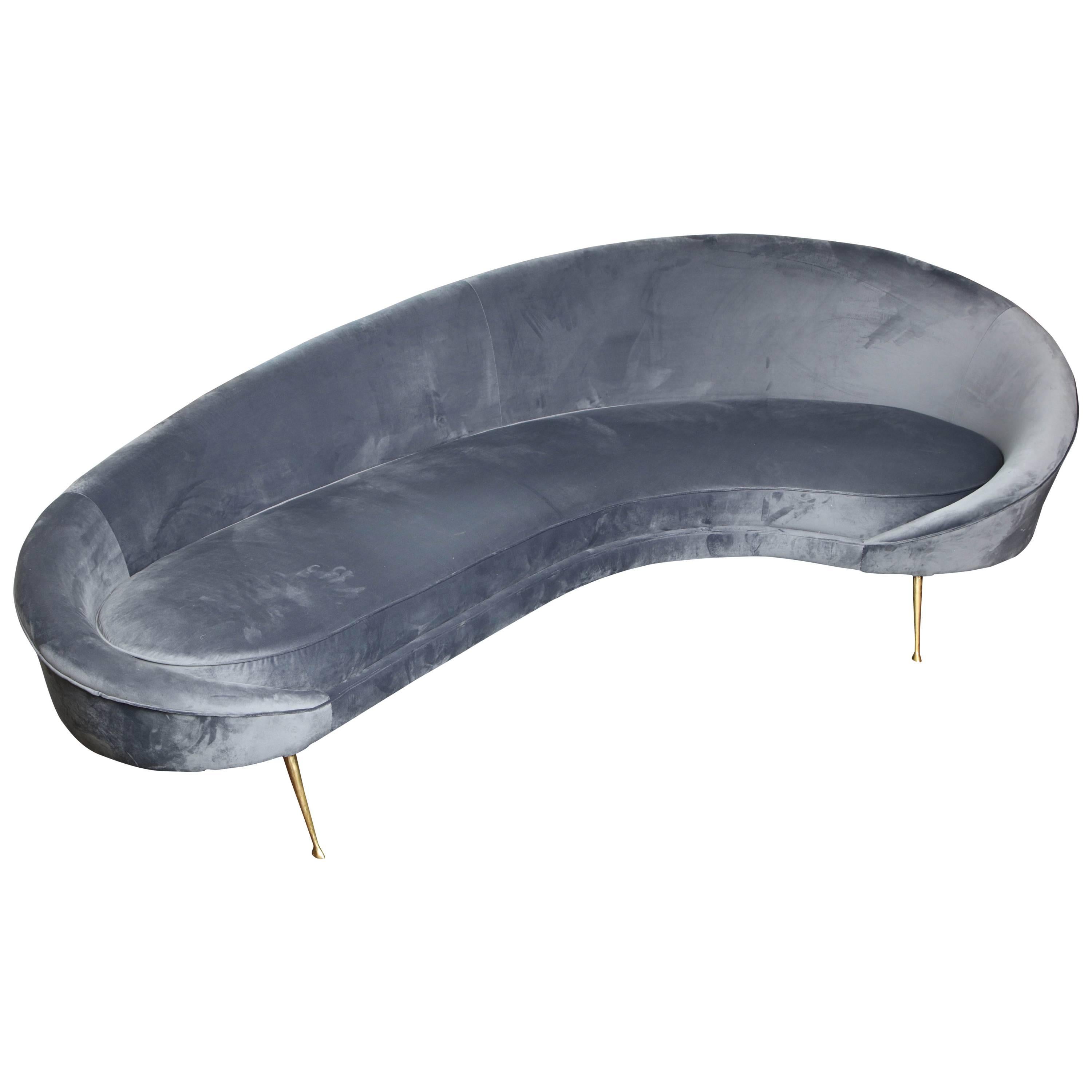 Elegant Mid-Century Style Curved Sofa in Grey Velvet