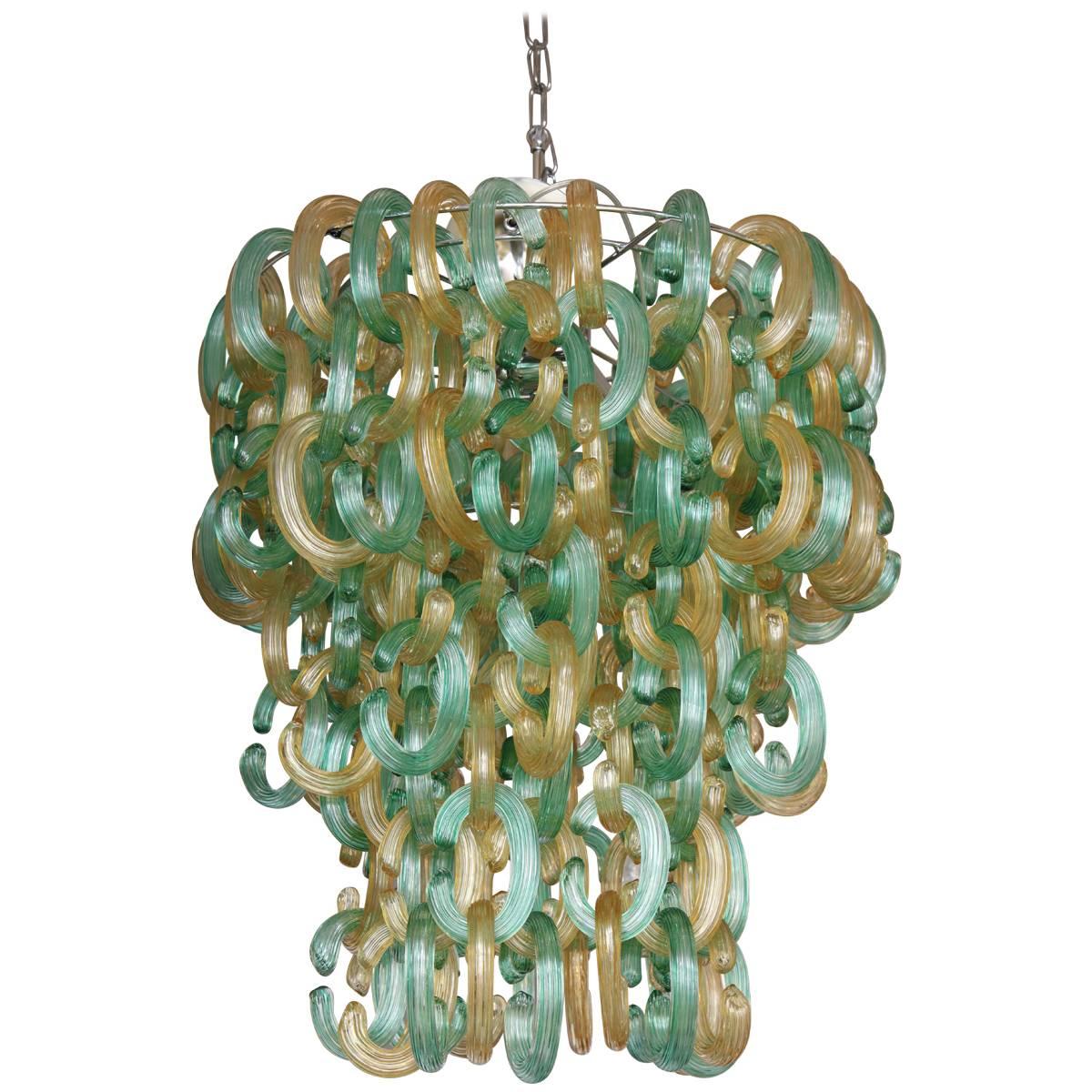 Green and Gold Murano C-Link Glass Chandelier