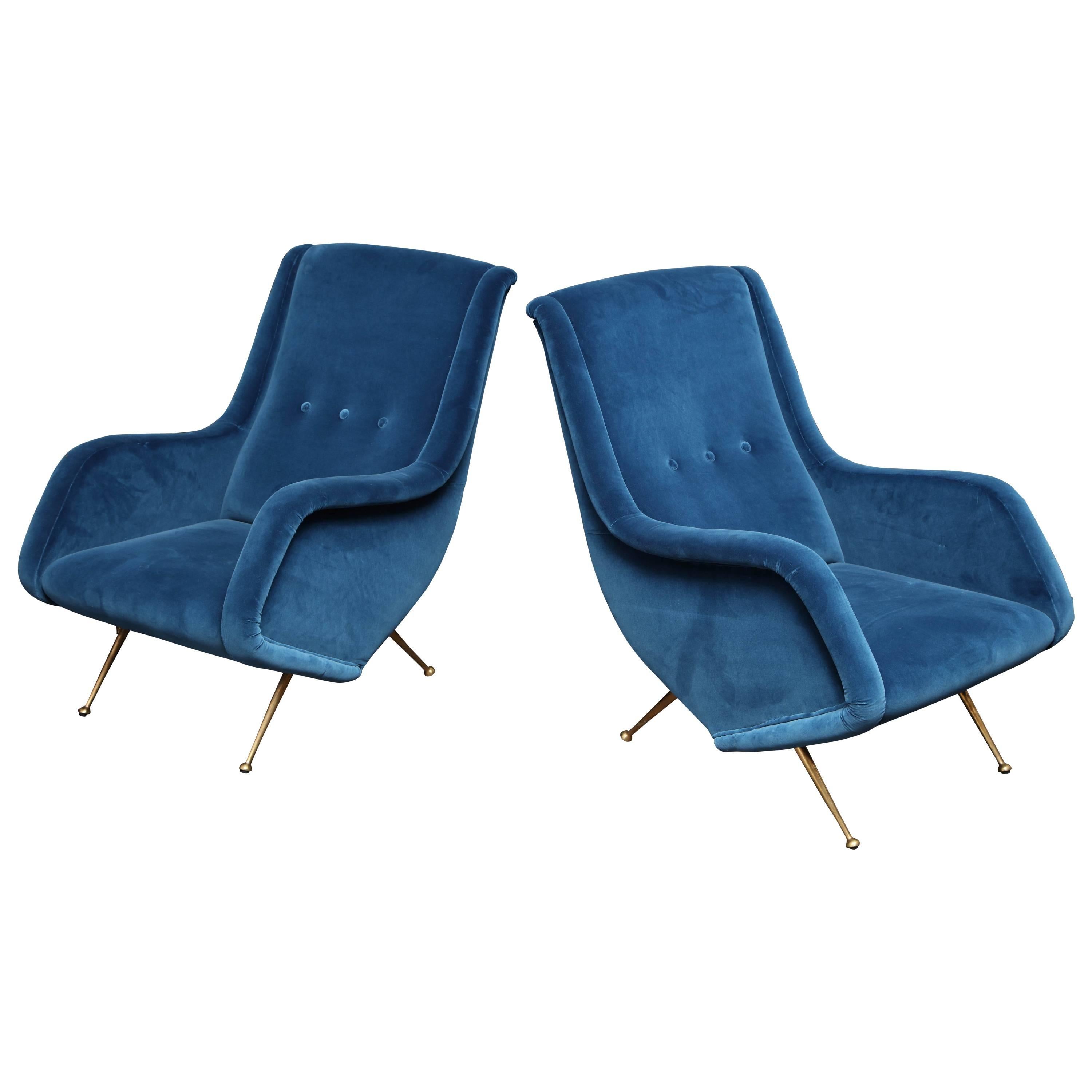 Pair of Parisi Vintage Italian Club Chairs Upholstered in Teal Blue Velvet