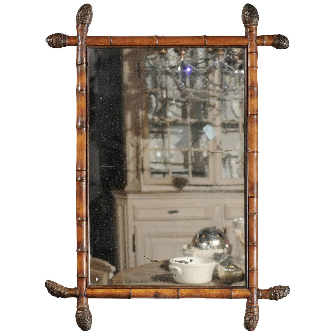 French Unusual Rectangular Bamboo Mirror with Bamboo Root Finials, circa 1880