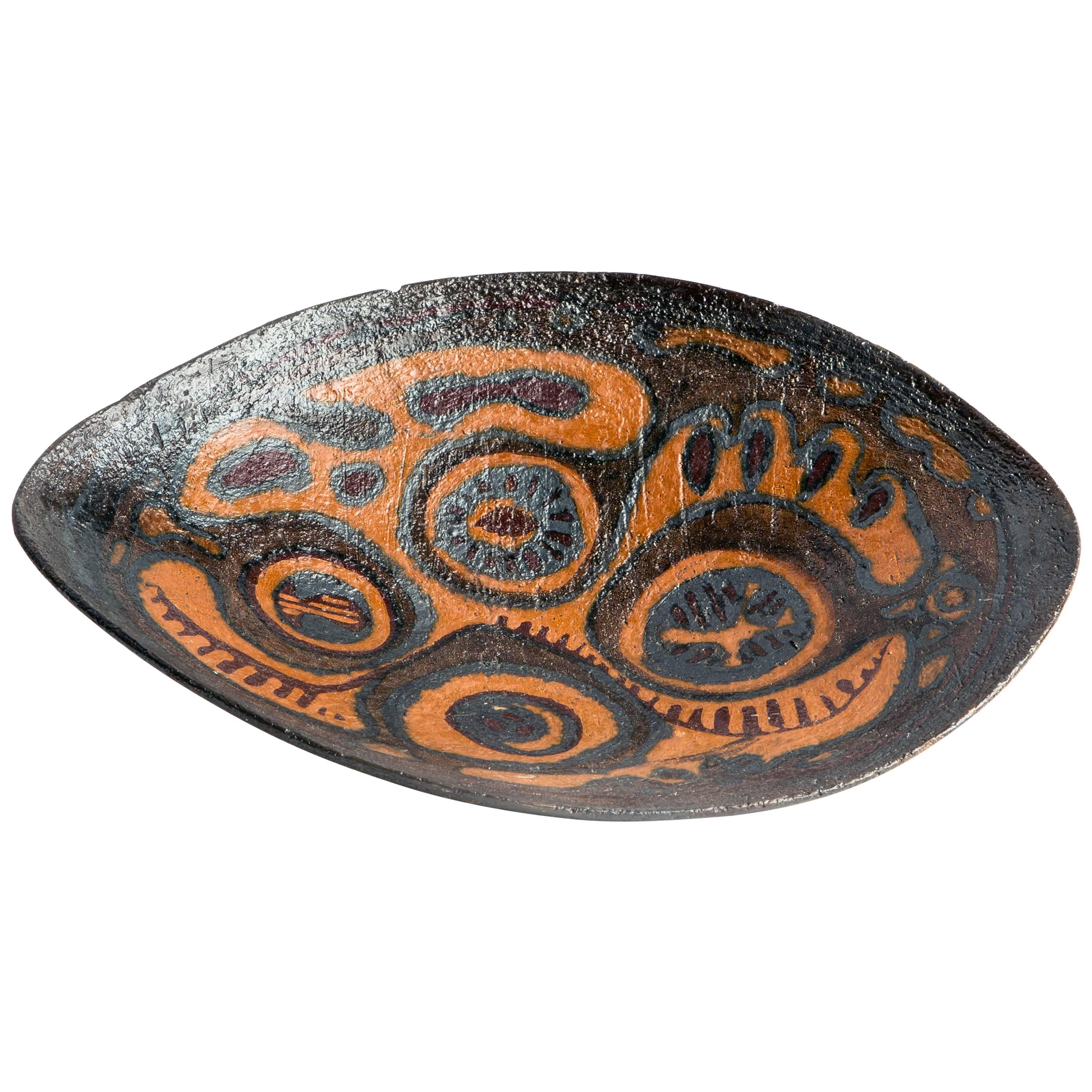 Sculptural Ceramic Dish with Colorful Primitive Motif 