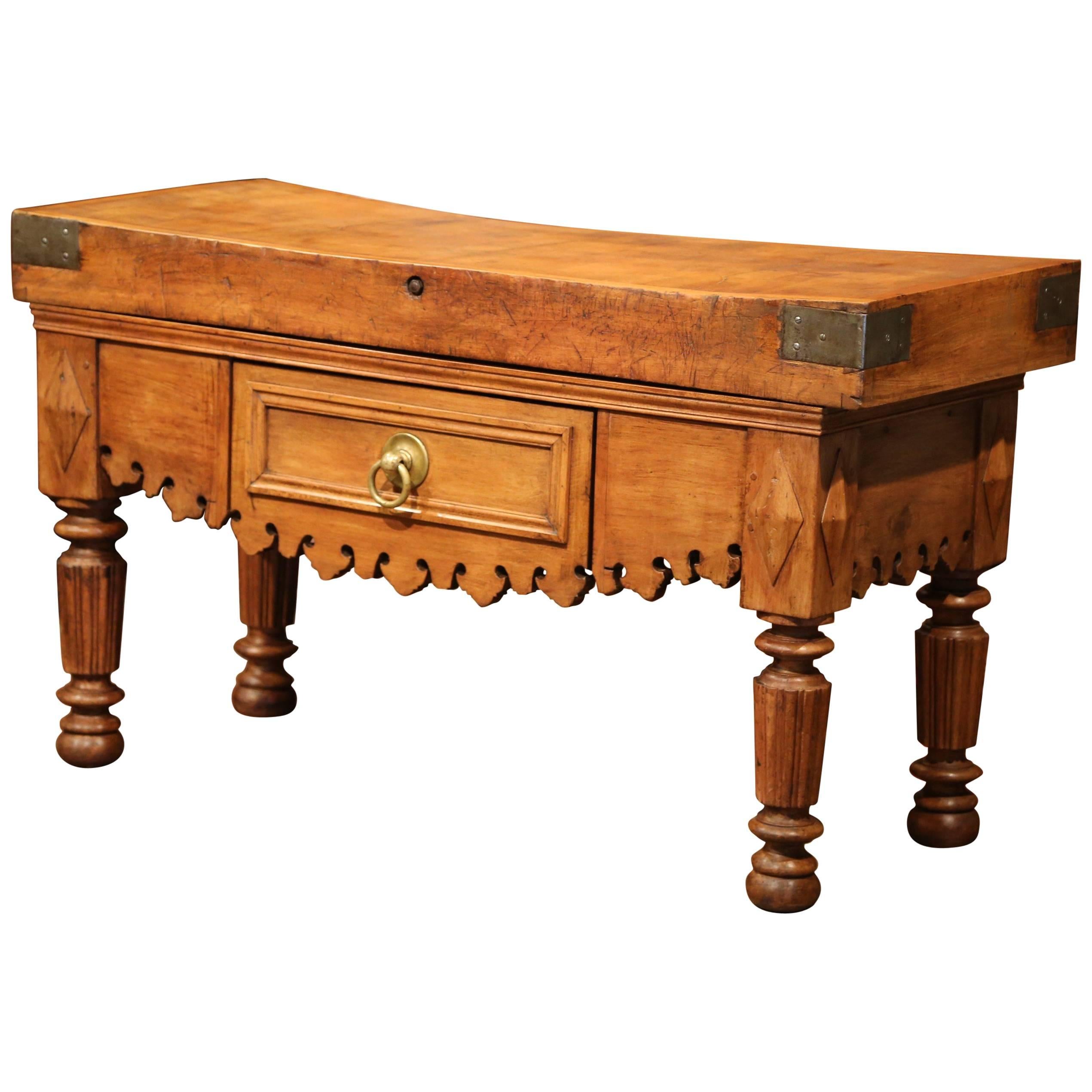 19th Century French Carved Butcher Block Table with Centre Drawer and Brass Pull