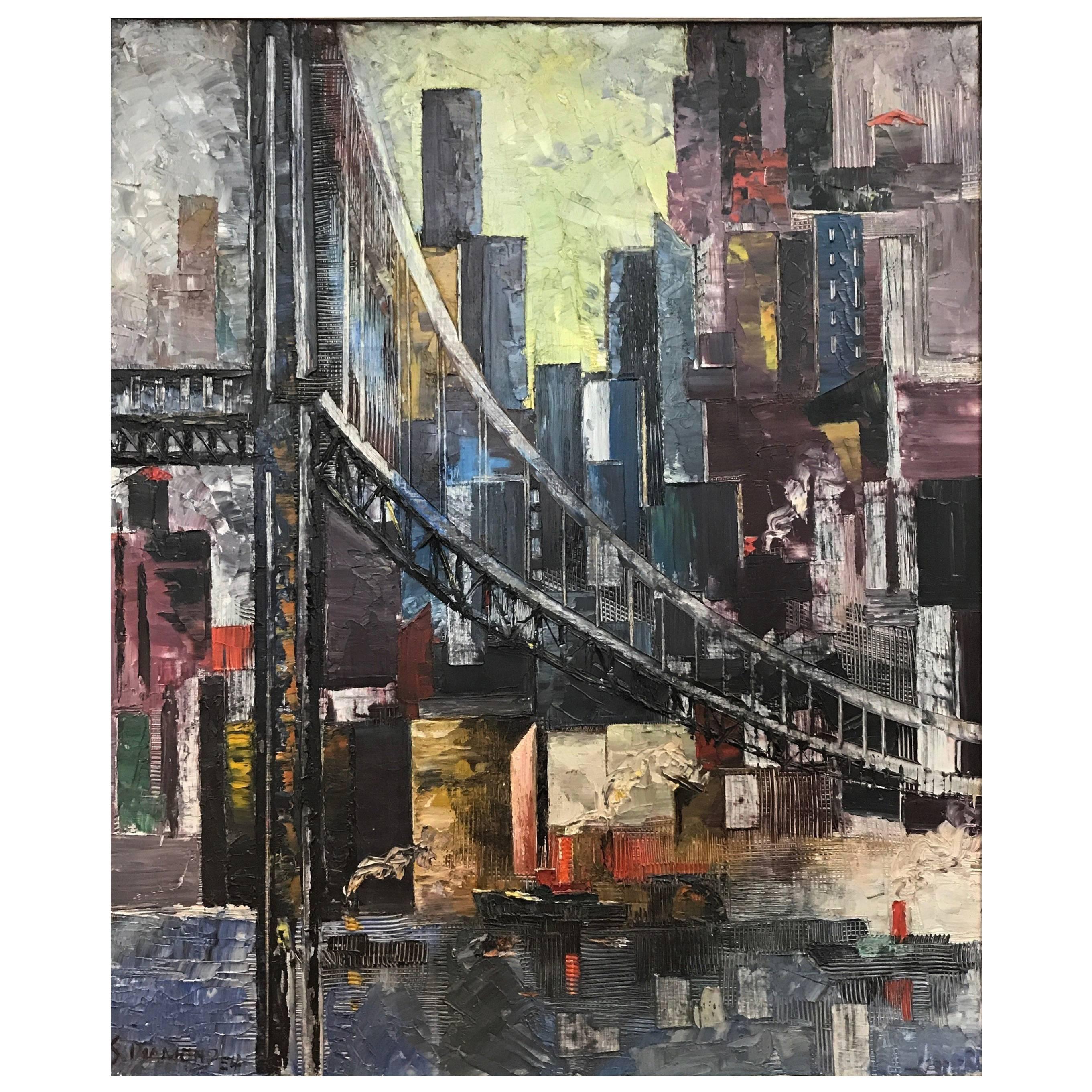 Sam Diamond, View of Manhattan, Oil on Canvas Painting, circa 1954 For Sale