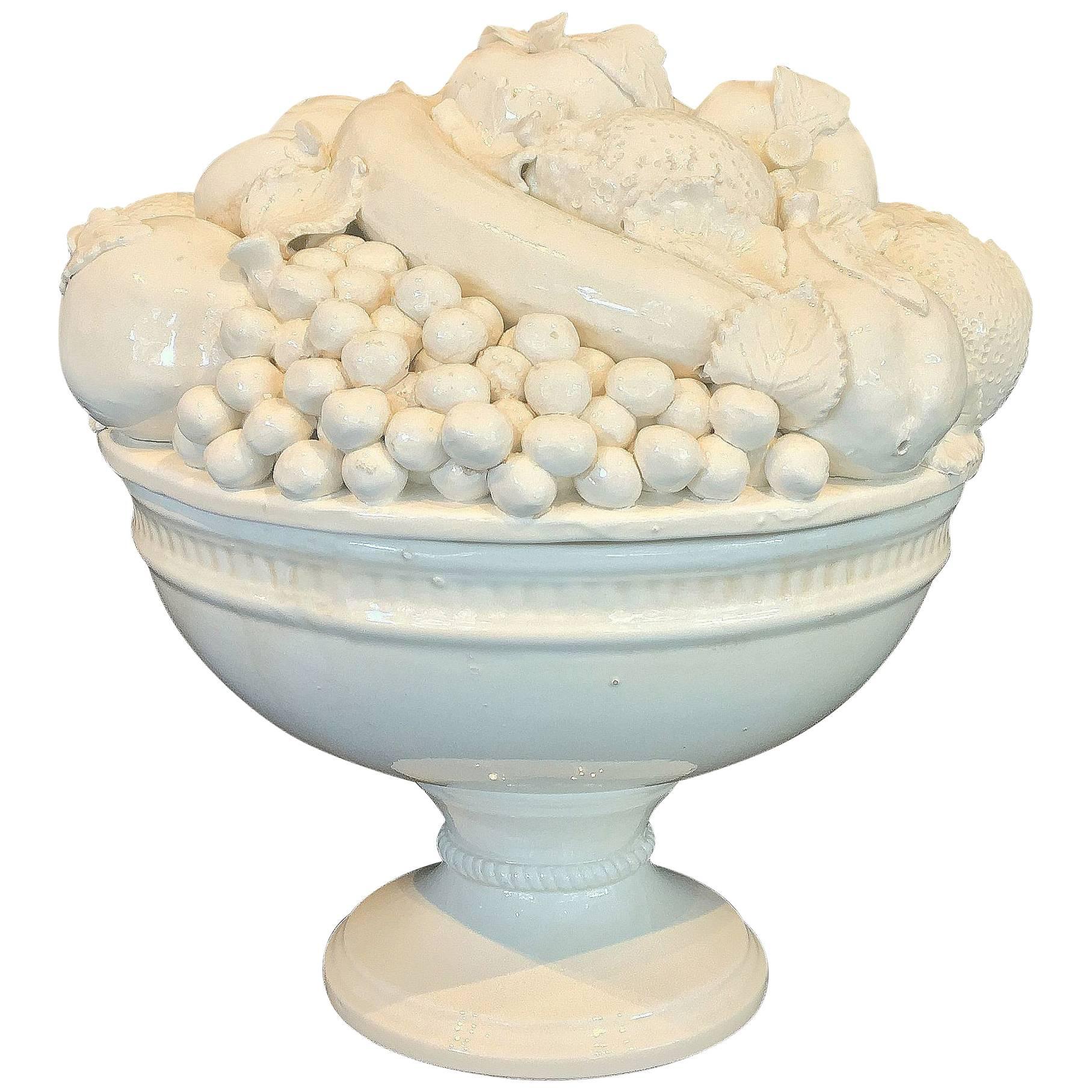 Large Italian Creamware or White Glazed Pedestal Bowl of Fruit