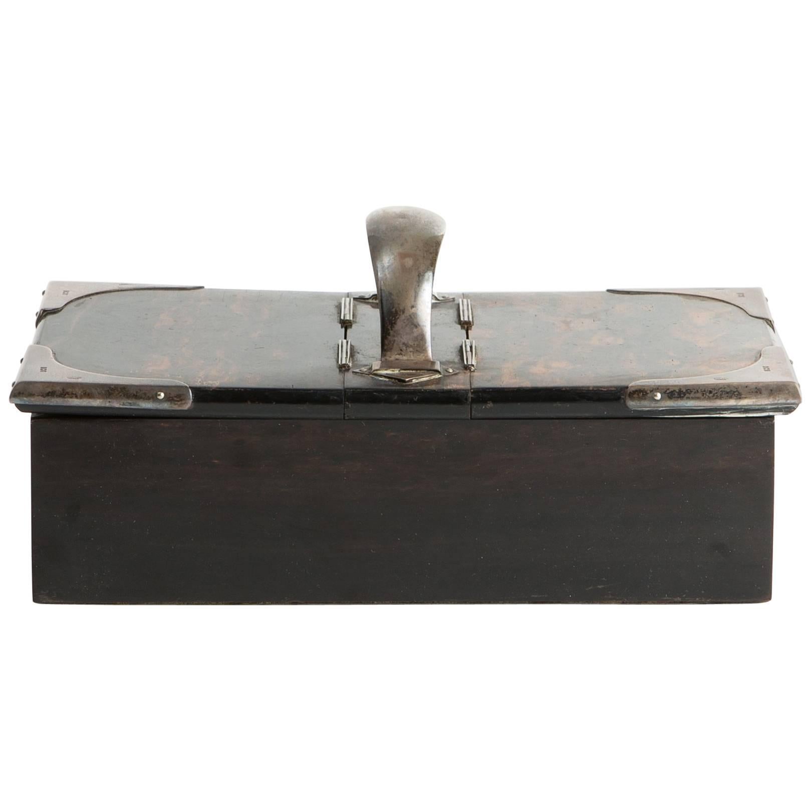 Small English Wood and Metal Box with Dual Lids For Sale