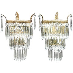 Pair of Italian Art Deco Brass Three-Tier Glass Wall Lights