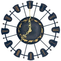 Vintage 1940s Wrought Iron Junghans Wind Up Wall Clock, Zodiac Themed