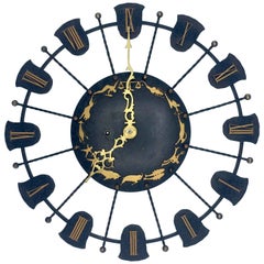 1940s Wrought Iron Junghans Wind Up Wall Clock, Zodiac Themed