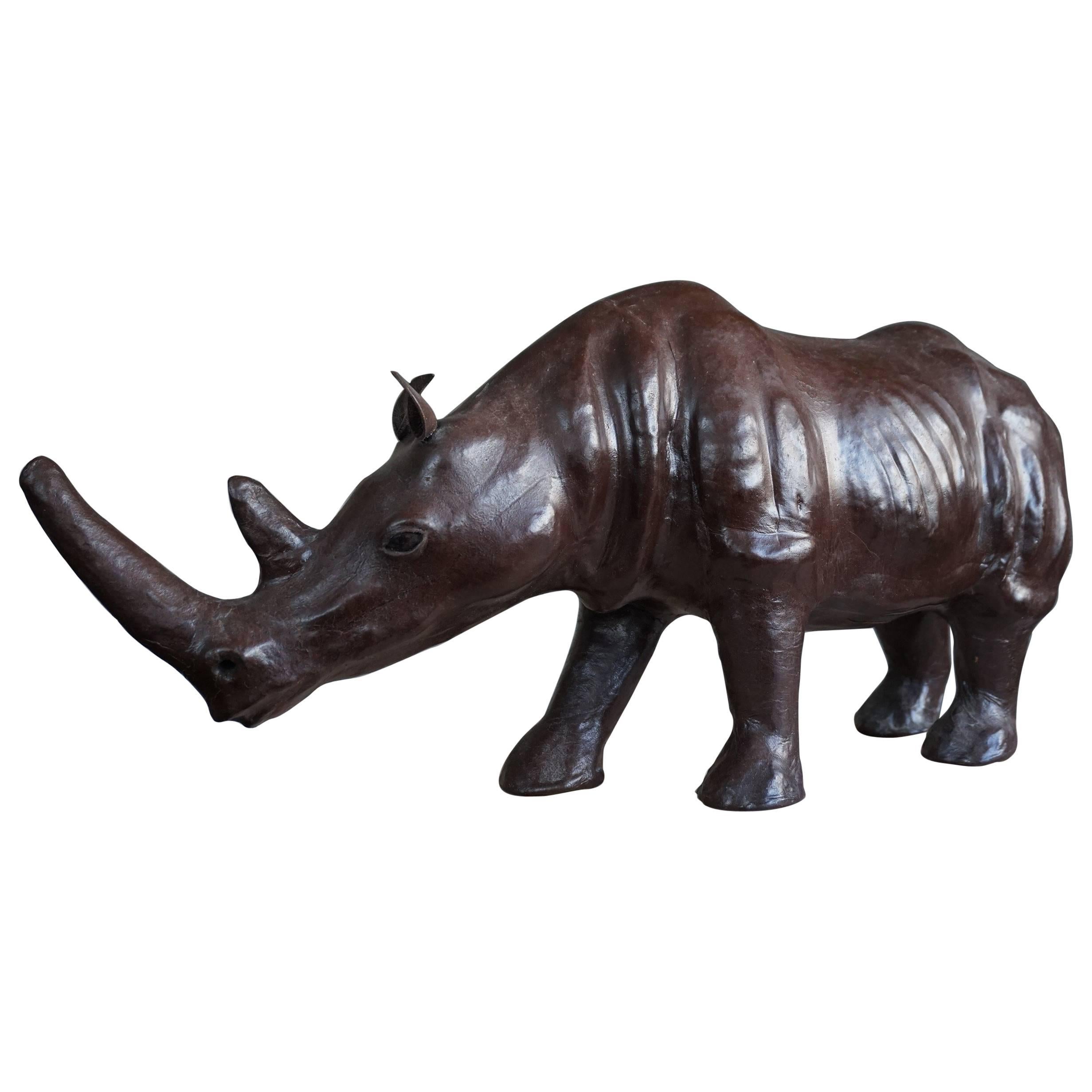 Early 20th Century Sizable Rhino Sculpture Leather on Hand-Carved Wood