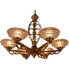 French Art Deco Bronze and Glass Chandelier