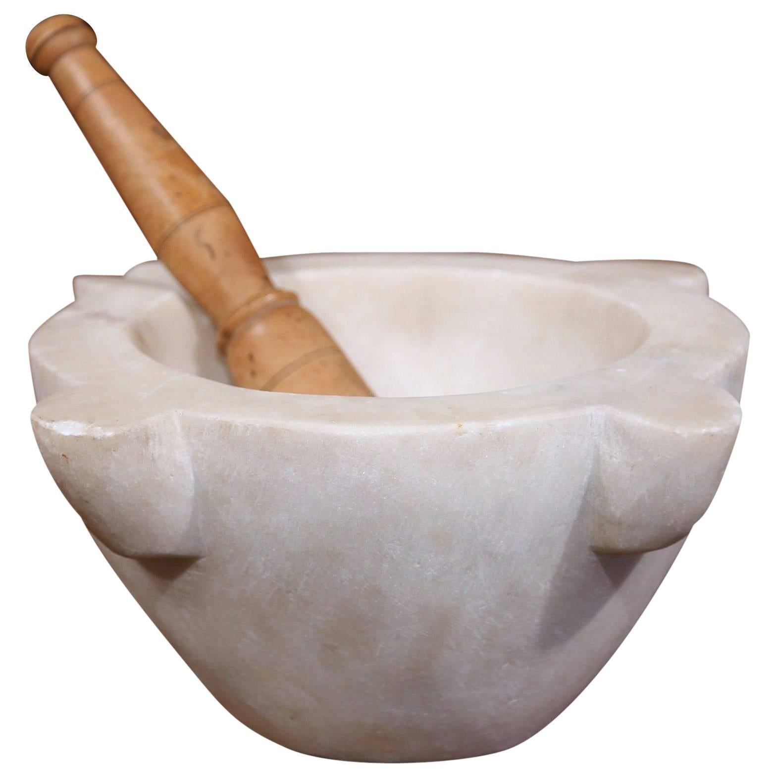 19th Century French White Marble Round Mortar with Wooden Pestle