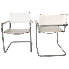 Vintage Mart Stam White Leather and Chrome Cantilever Armchairs Pair