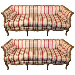 Pair of Lewis Mittman Inc Louis XV Style Carved Silk Upholstered Sofas/Couches