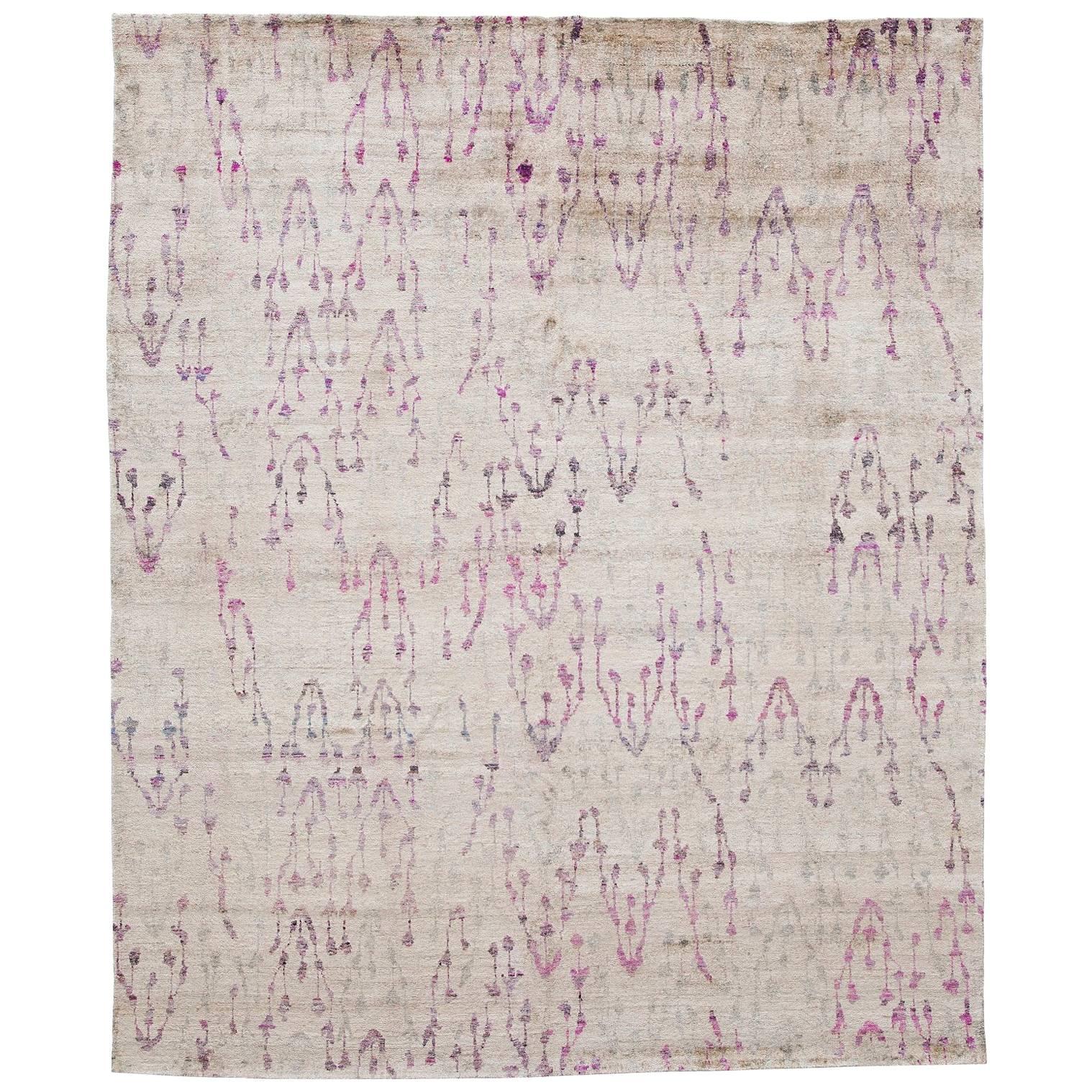 Cream Beige Light Blue Lavender Hand-knotted Silk Gallery Size Rug in Stock