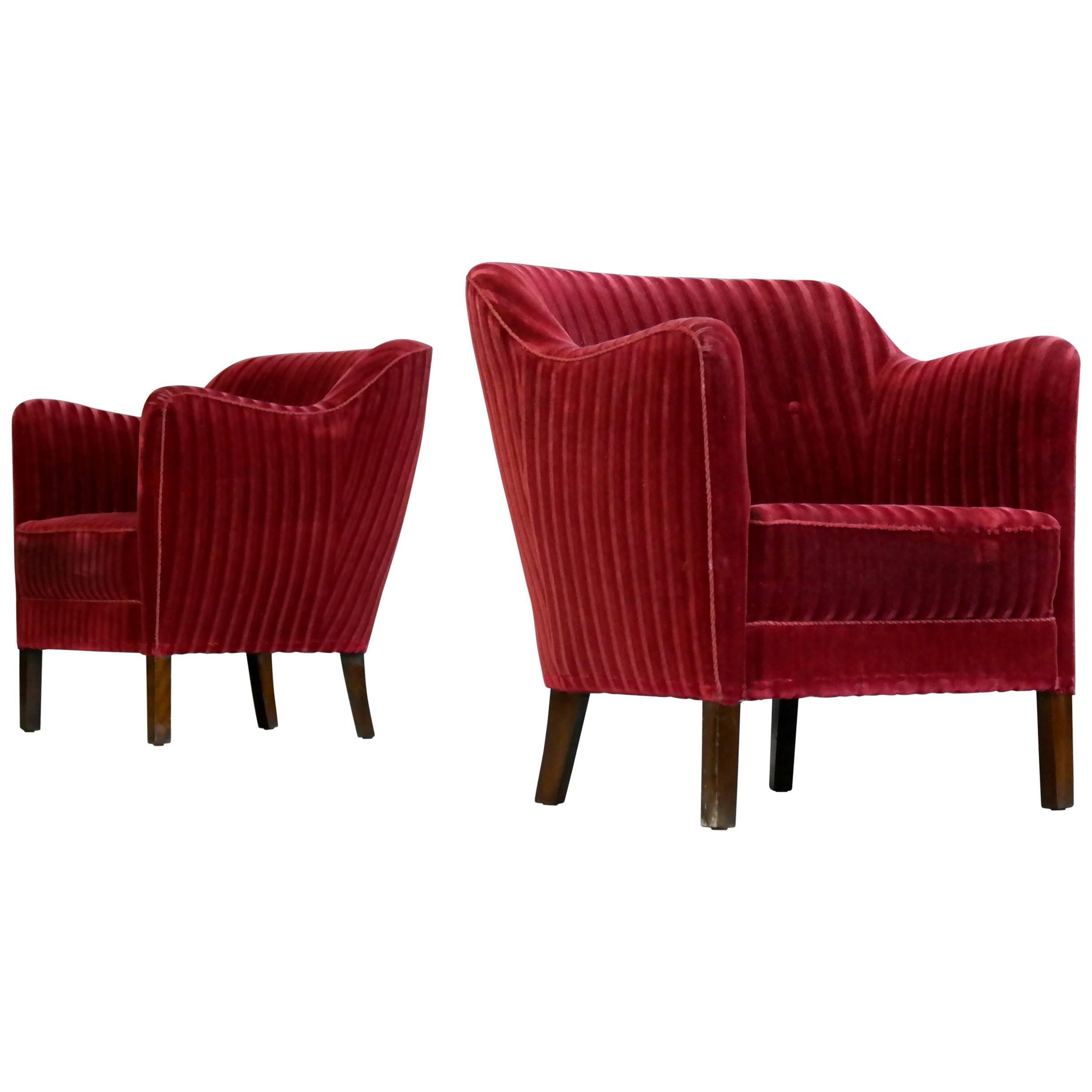 Pair of Frits Henningsen Style Danish 1940s Lounge Chairs in Velvet