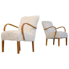 Fritz Hansen Style Pair of Danish, 1940s Lounge Easy Chairs in Faux Lambswool