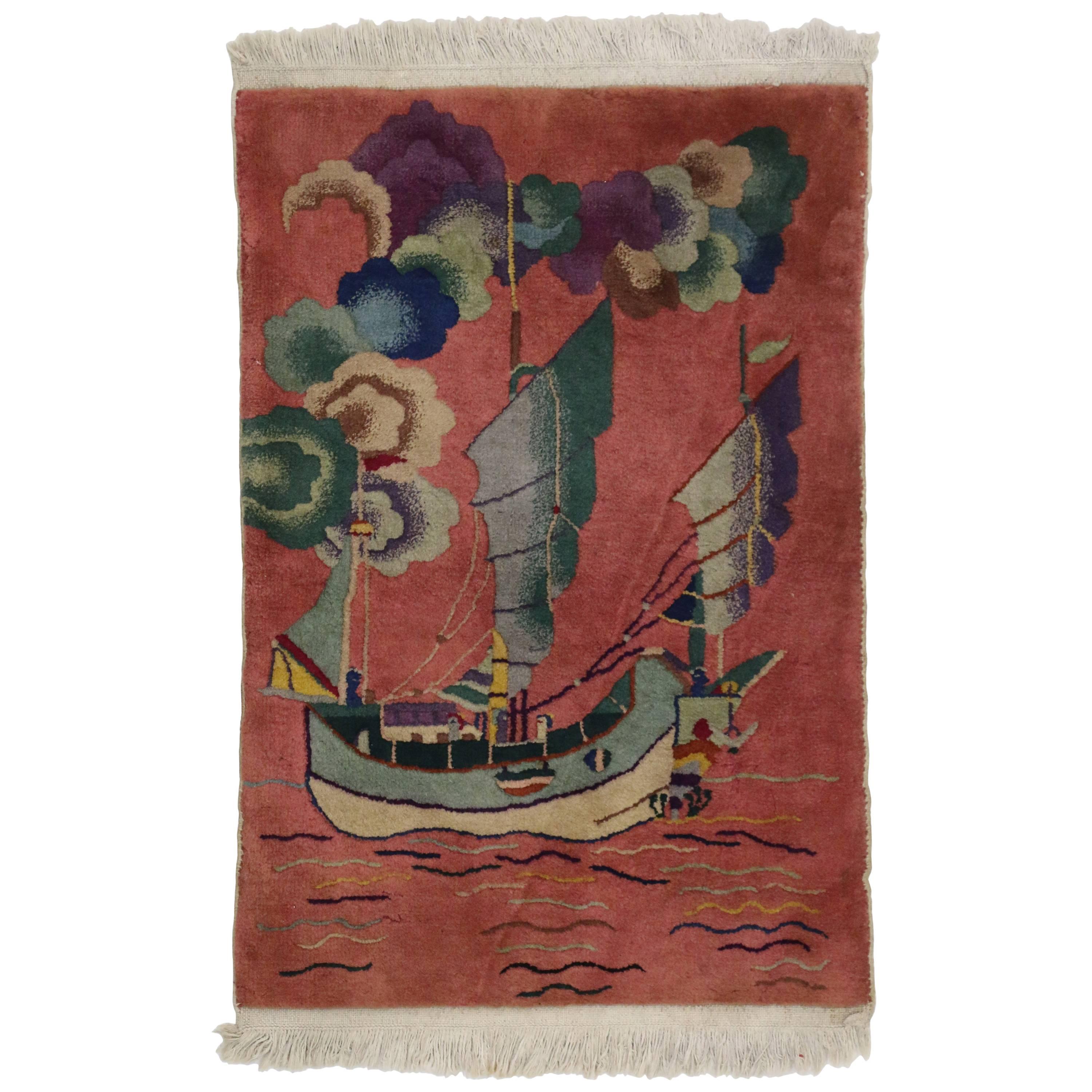 Antique Chinese Art Deco Rug with Sailing Ship, Maximalism Asian Modern Tapestry