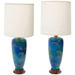 Pair of Midcentury American Blue Glazed Ceramic Lamps with Custom Shades