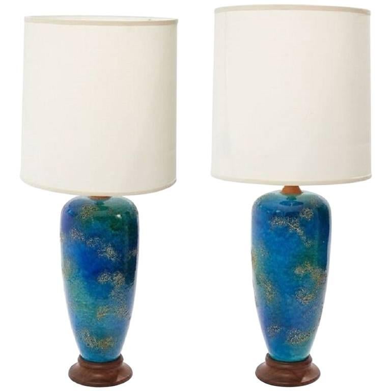 Pair of Midcentury American Blue Glazed Ceramic Lamps with Custom Shades at 1stDibs