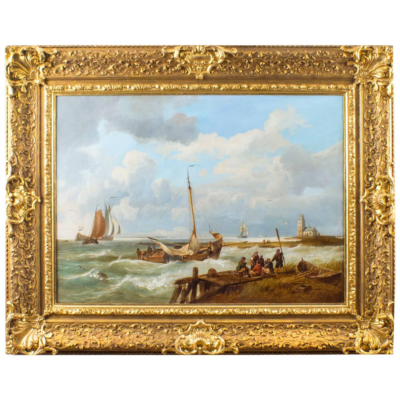 19th Century Dutch Oil on Canvas Painting of a Coastal Scene