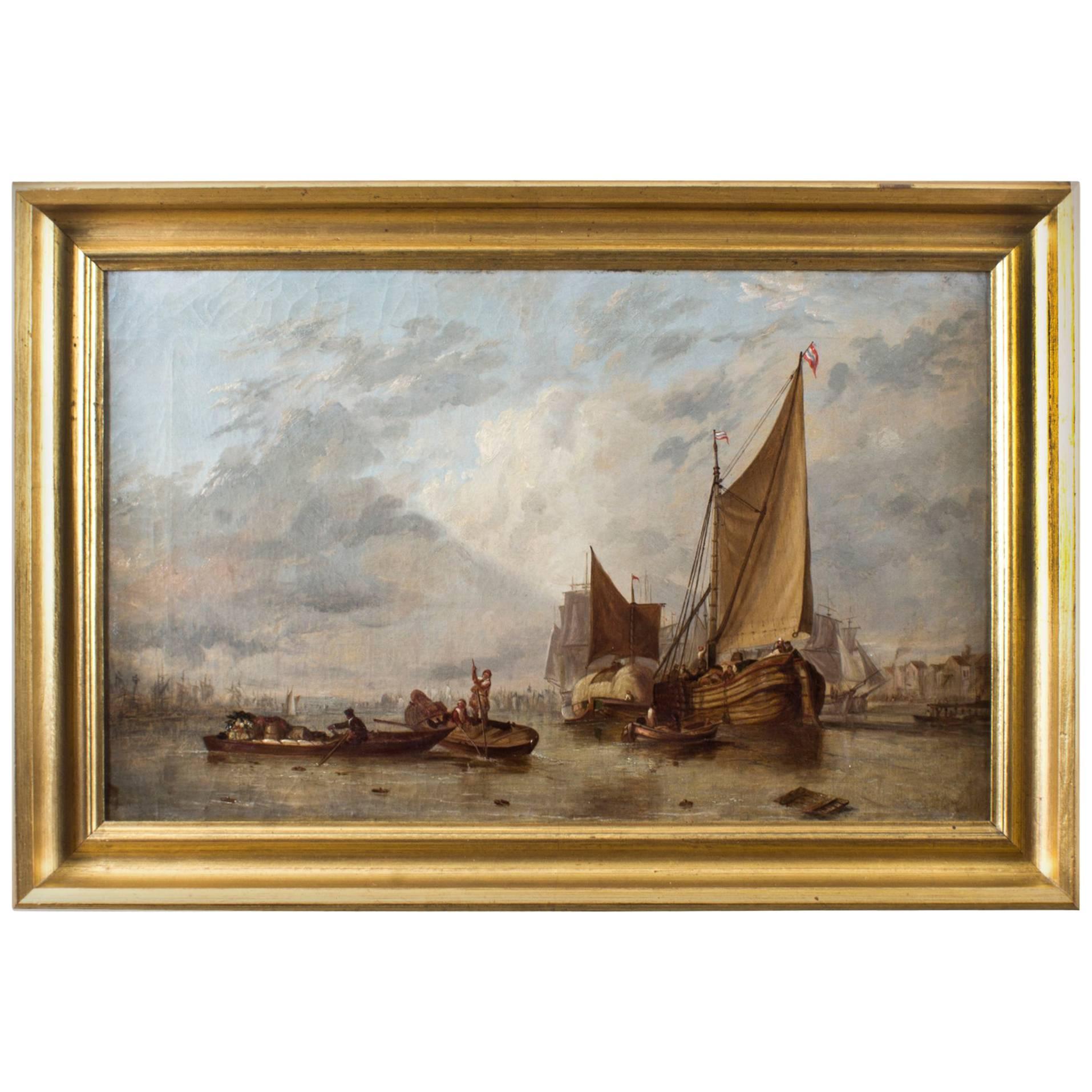 Dutch Painting of Boats on an Estuary Circle Hermans Koekkoek, 19th Century