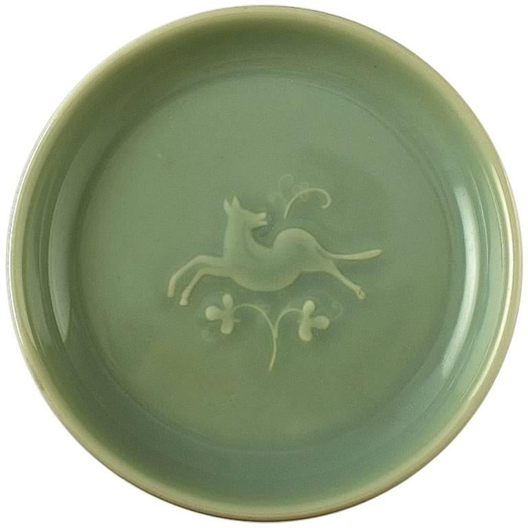 Royal Copenhagen Stoneware Bowl with Celadon Glaze and Low Relief of Deer