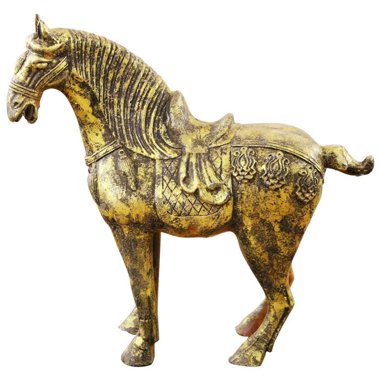 Chinese Horse Sculpture in Gilded Terracotta For Sale at 1stdibs