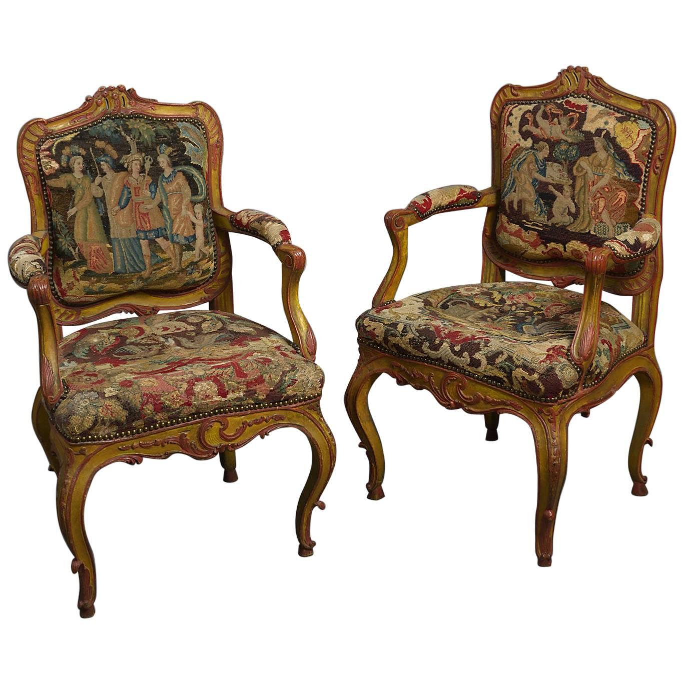 Pair of 18th Century Bavarian Painted Needlework Armchairs For Sale