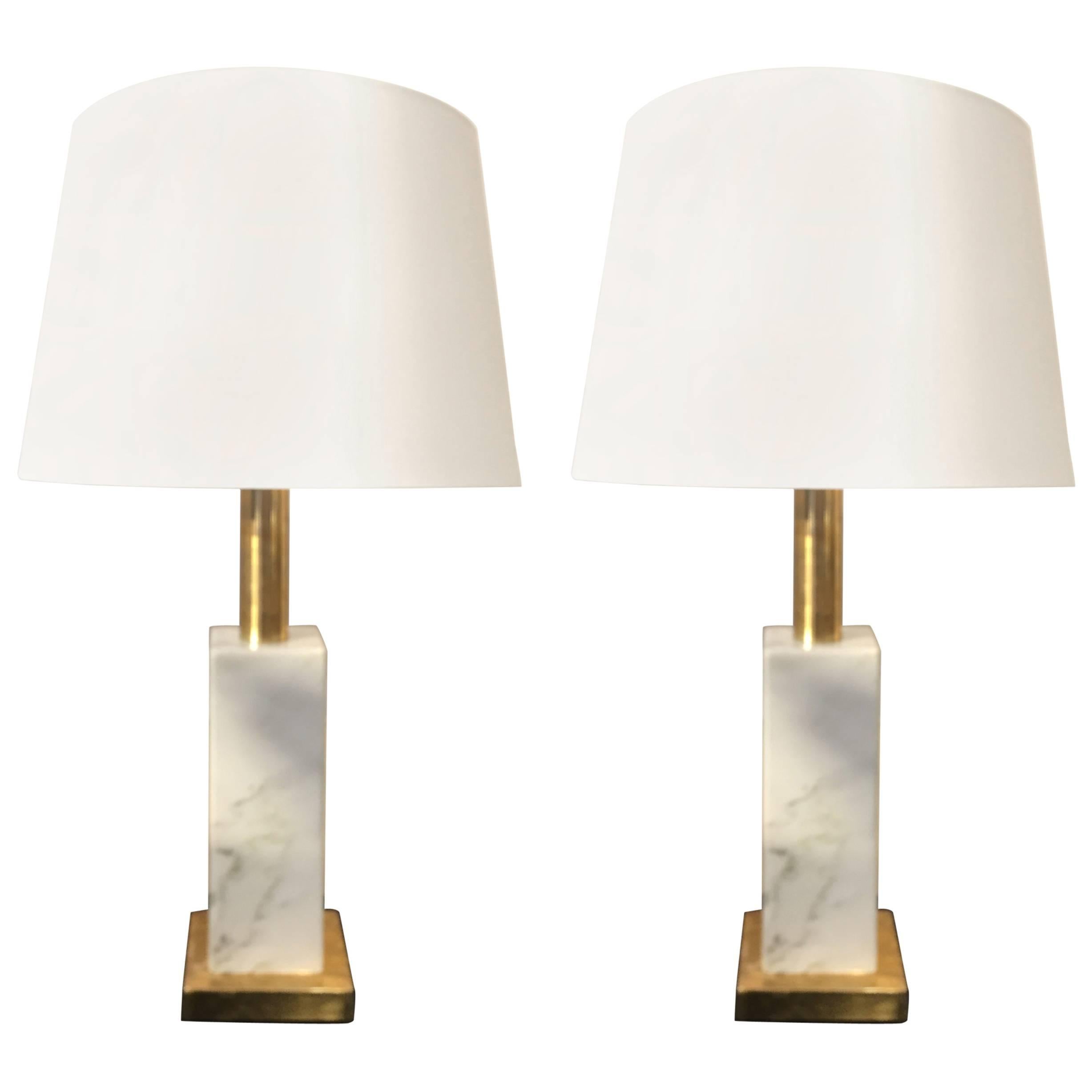 Carrara White Marble and Brass Italian Table Lamps, 1960s