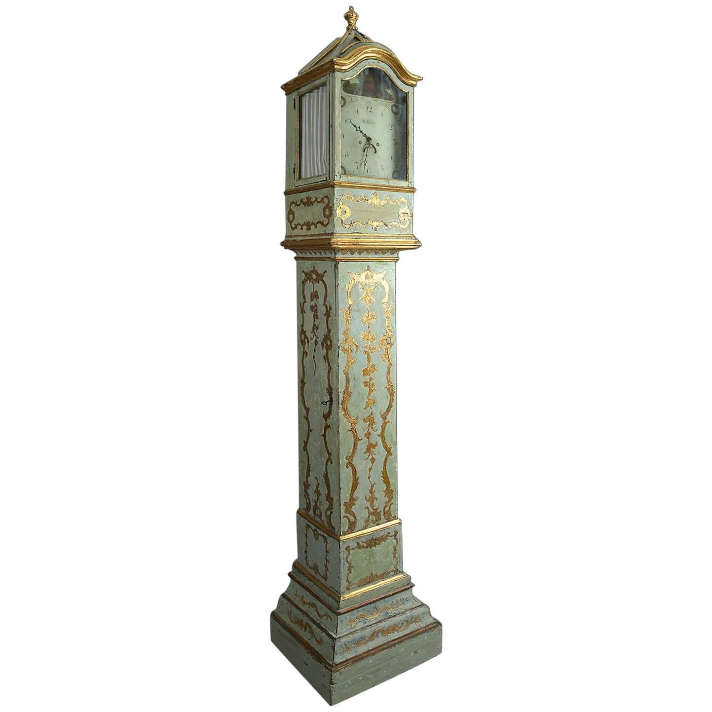 Italian 18th Century Painted and Parcel-Gilt Longcase or Grandfather Clock For Sale