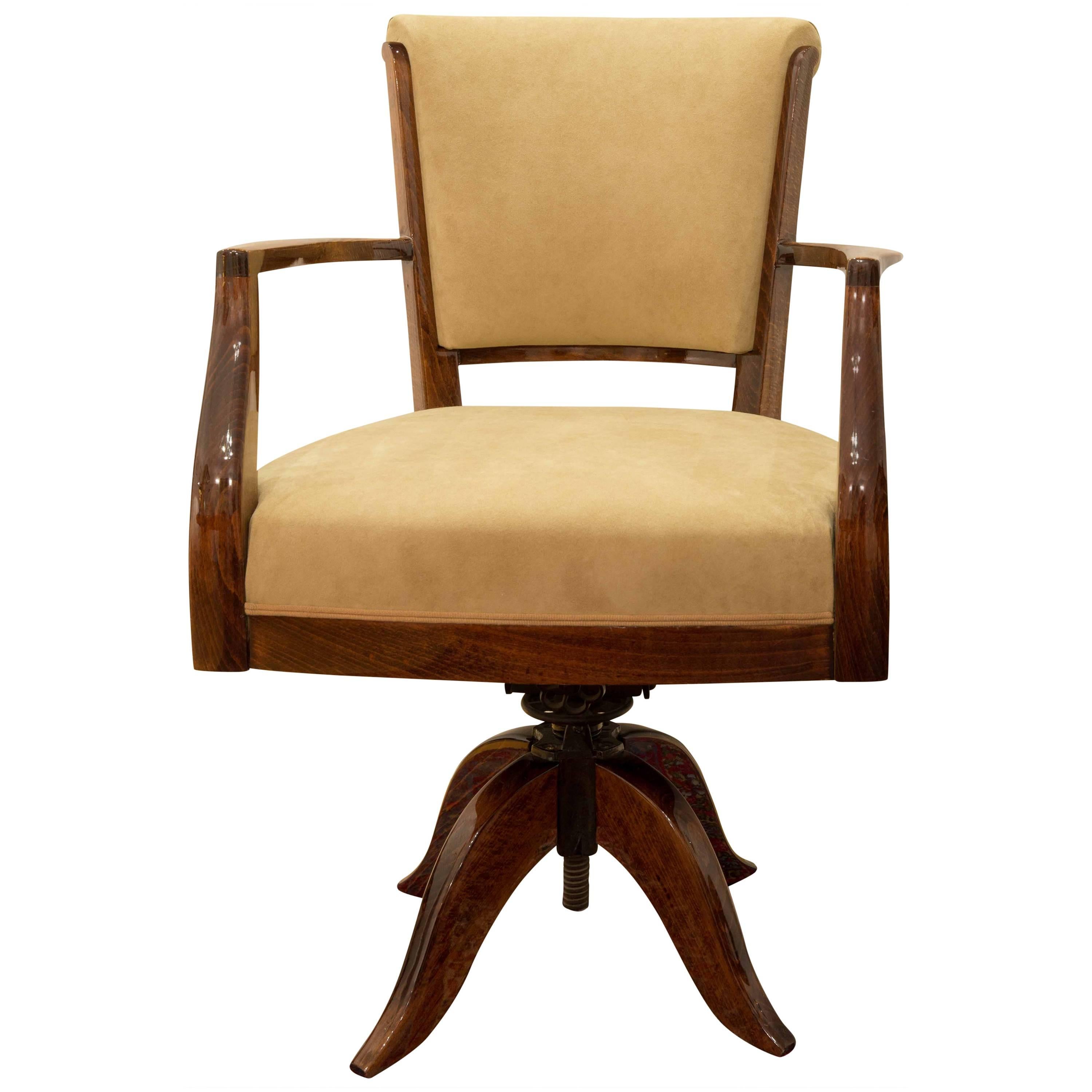 Michel Roux Spitz Rare Mahogany Swivel Office Chair French Modernist Art Deco For Sale