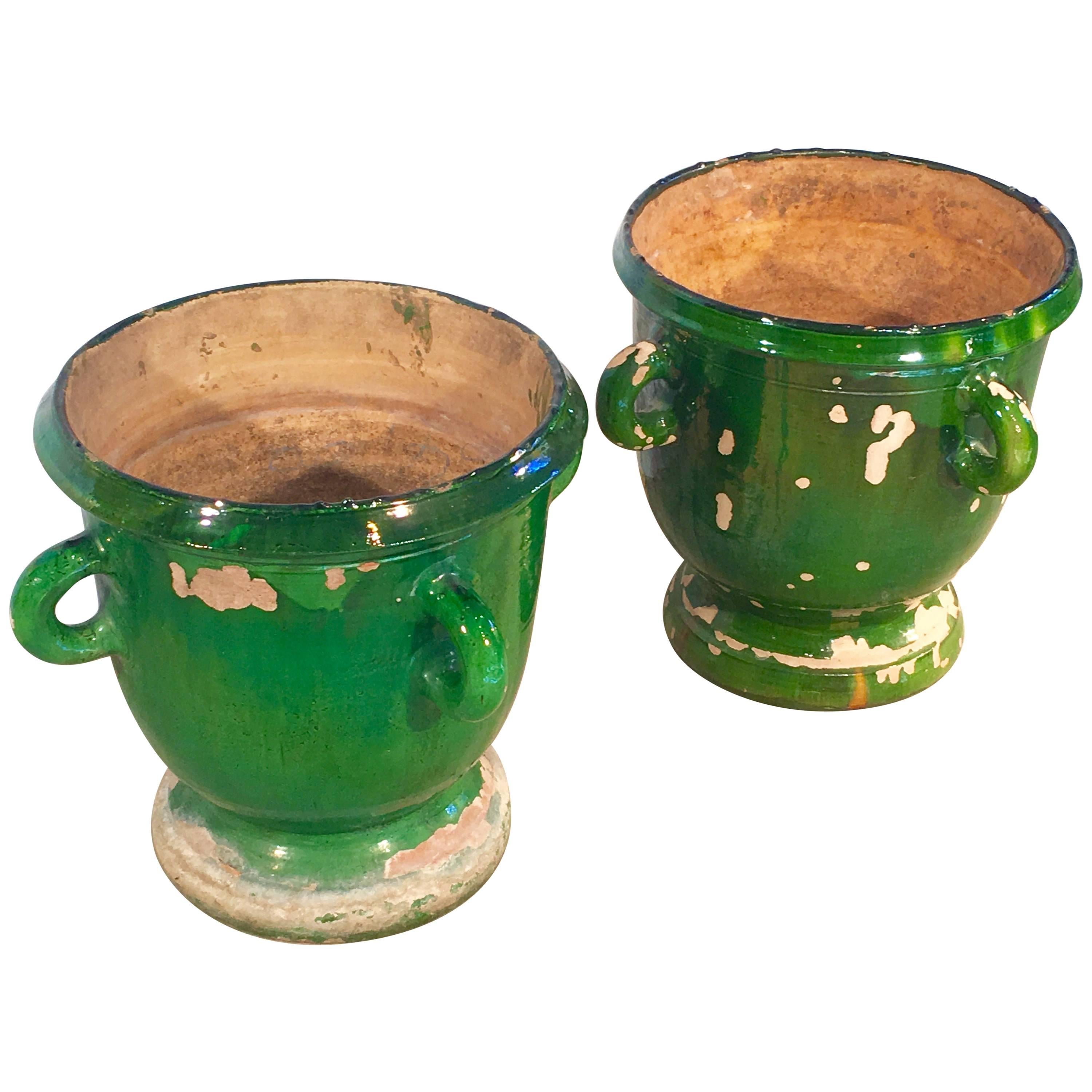 Pair of Small Green-Glazed 19th Century French Castelnaudary Pots
