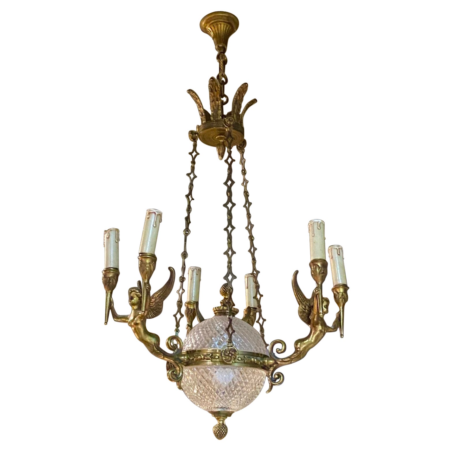 19th Century French Large Bronze Chandelier with Angels Holding Double Torches