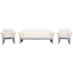 Designer Sofa Set Armchair Leather Crème Three-Seat Couch Modern