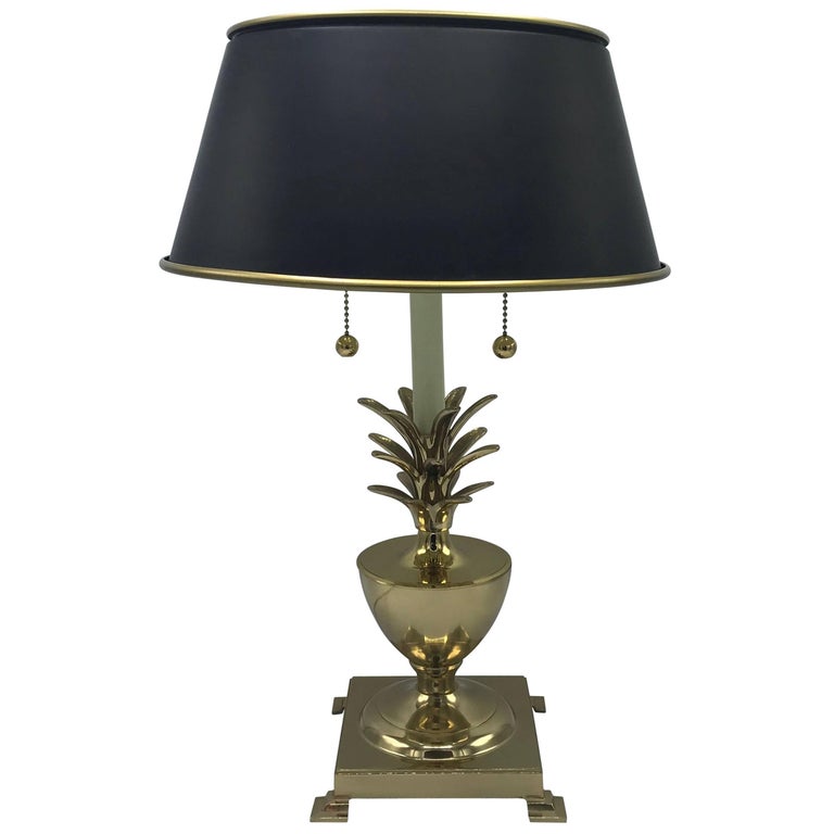 1970s Brass Pineapple Lamp with Black Tole Shade at 1stDibs