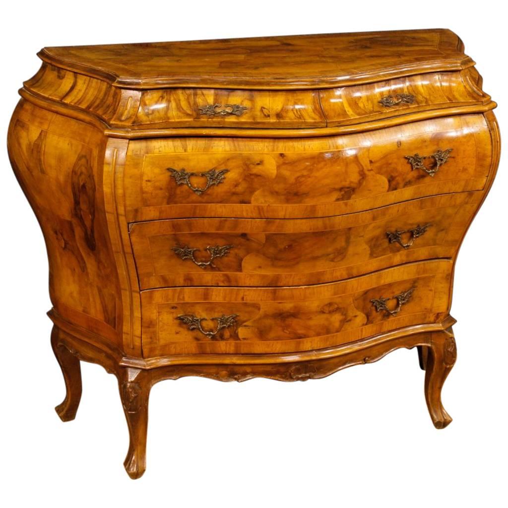 Venetian Dresser with Five Drawers in Burl and Walnut Wood, 20th Century
