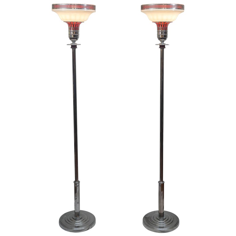 Pair Of Art Deco Mid Century Modern Torchiere Floor Lamps