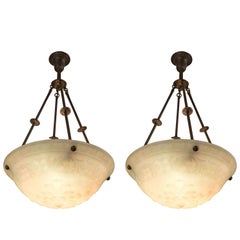 Large Pair of Cast Glass Pendants or Bowls Chandeliers