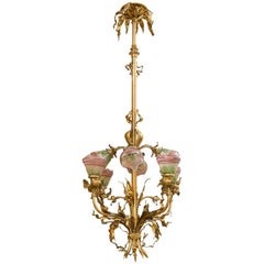 Antique Eight-Arm Art Nouveau Chandelier with Handblown Period Art Glass Shades