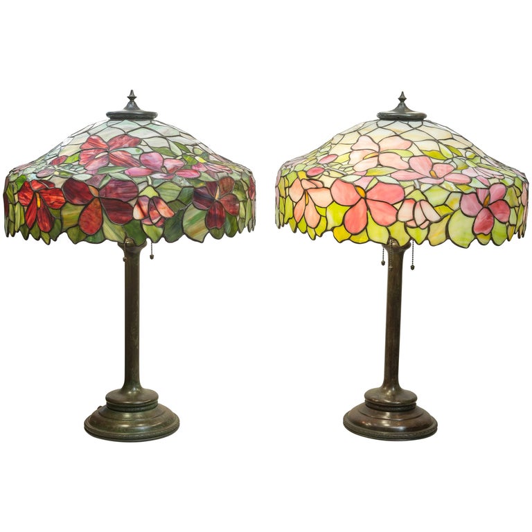 Pair of Leaded Glass Table Lamps by the Unique Art Glass Co. For Sale