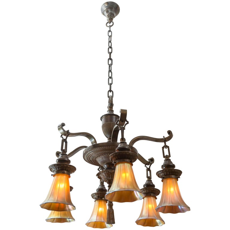 Victorian Gothic FiveArm Chandelier with Period Art Glass Shades at