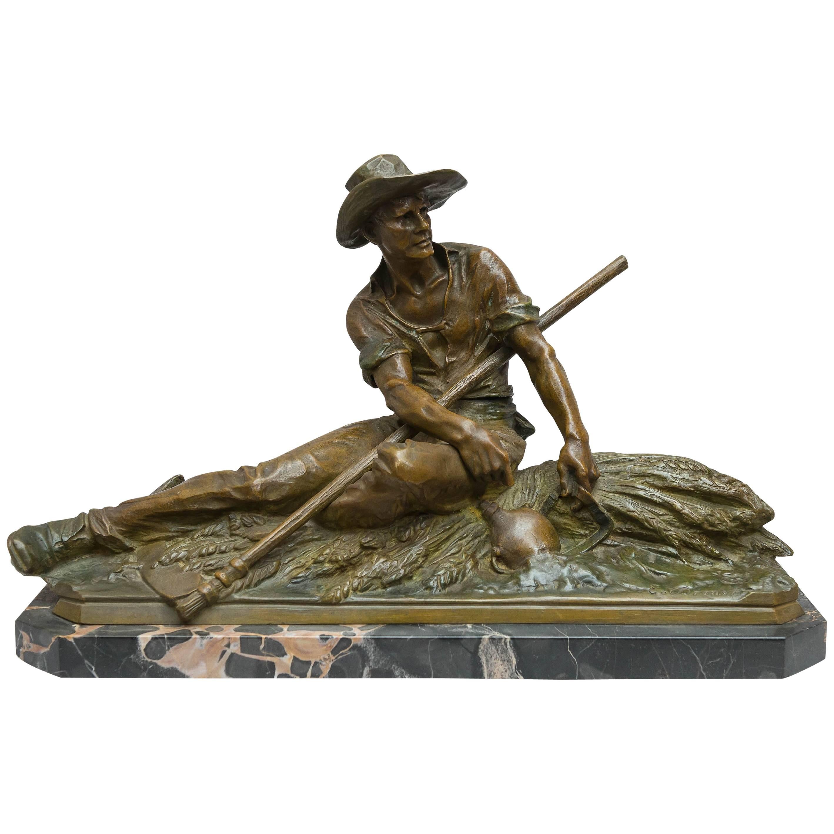 Bronze Figure of Handsome Farmer, Signed by the French Artist Drouot