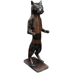 Antique Early 20th Century Cast Brass Standing Cat With Old Paint Decoration