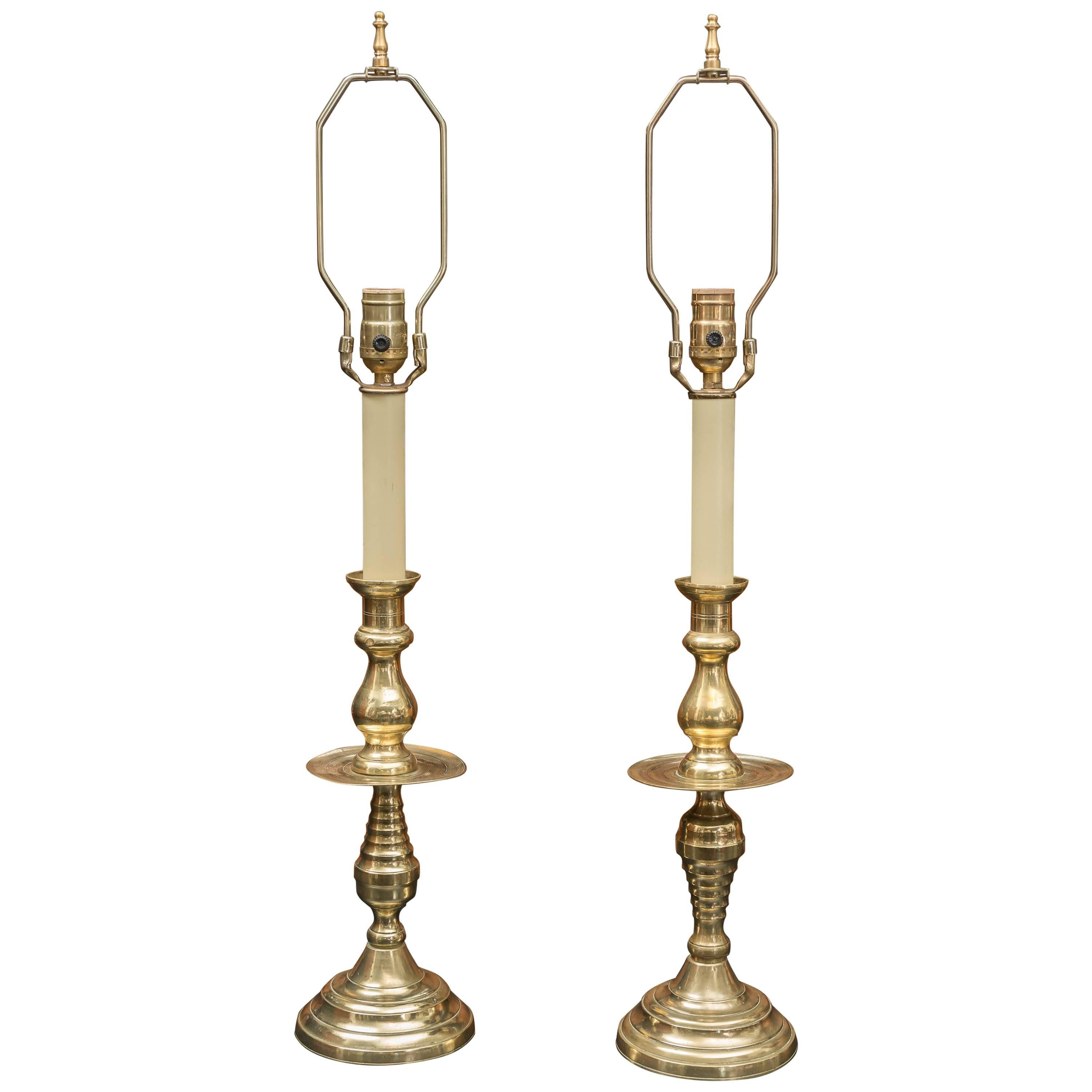 Pair of Late 19th Century Large Scale English Brass Candlestick Lamps 