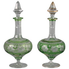 Antique Pair of French Green-Flashed and Engraved Bottles and Stoppers, circa 1890